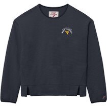 Navy WVU quilted women's crew sweatshirt with left chest screen print featuring Mountaineers arched over West Virginia over the Flying WV Logo